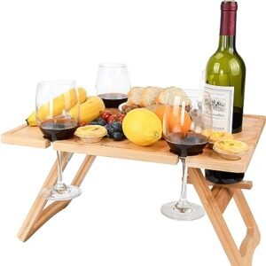 Bamboo Wine Picnic Table, Portable Outdoor Snack Tray