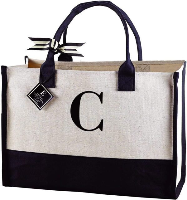 Black and White Initial Canvas Tote Bag