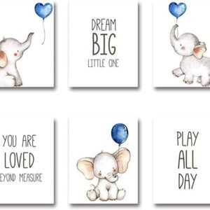 Blue Elephant Nursery Wall Art Set