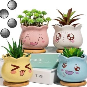 Ceramic Succulent Planter with Bamboo Tray