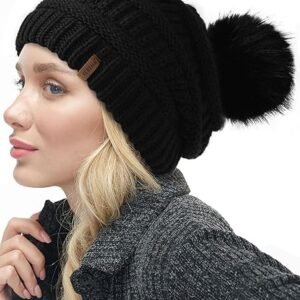 FURTALK Winter Beanie Hat with Faux Fur Pom Pom