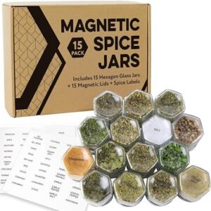 Hexagonal Glass Magnetic Spice Jars – 15 Pack