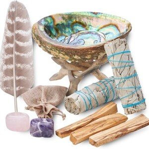 Home Cleansing Smudge Kit with White Sage, Palo Santo, Abalone & Stand