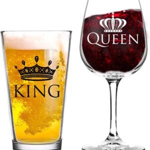 King & Queen Beer/Wine Glass Couple Gift Set