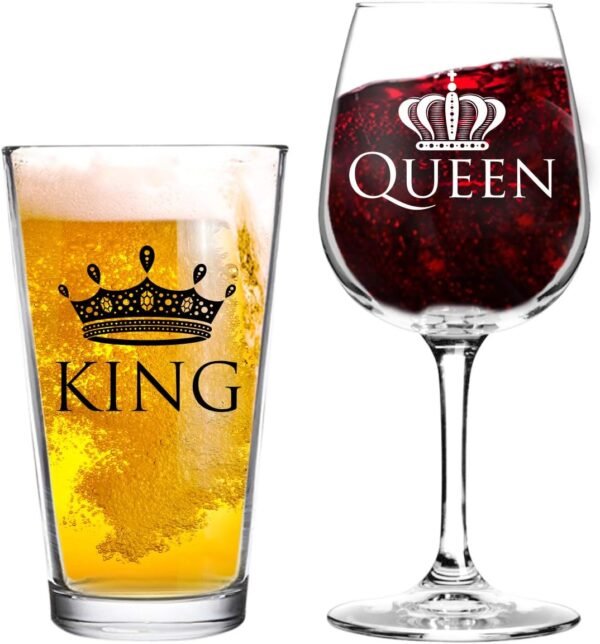 King & Queen Beer/Wine Glass Couple Gift Set