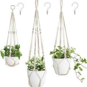 Macrame Plant Hangers with Beads, Medium Ivory