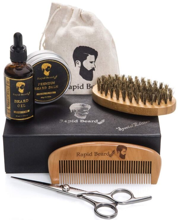 Men's Beard Grooming Kit - Brush, Comb, Oil, Balm