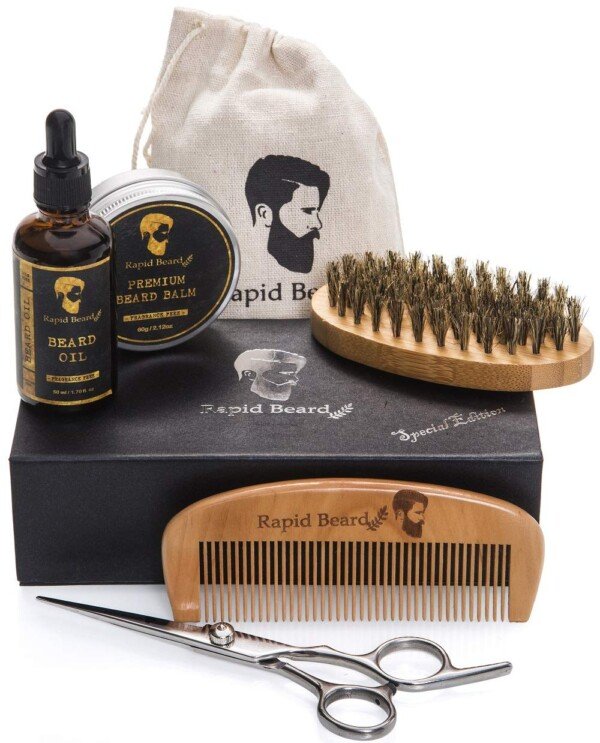 Men's Beard Grooming Kit with Brush, Comb, Oil, Balm