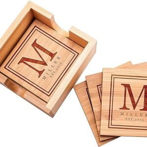 Personalized Bamboo Coaster Set with Holder