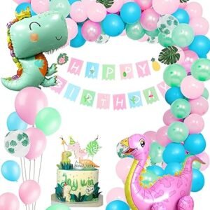 Pink Dinosaur Party Supplies with Standing Balloons