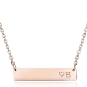 Rose Gold Initial Heart Bar Necklace