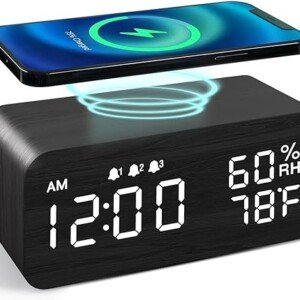 Wireless Charging Wooden Alarm Clock (Black)